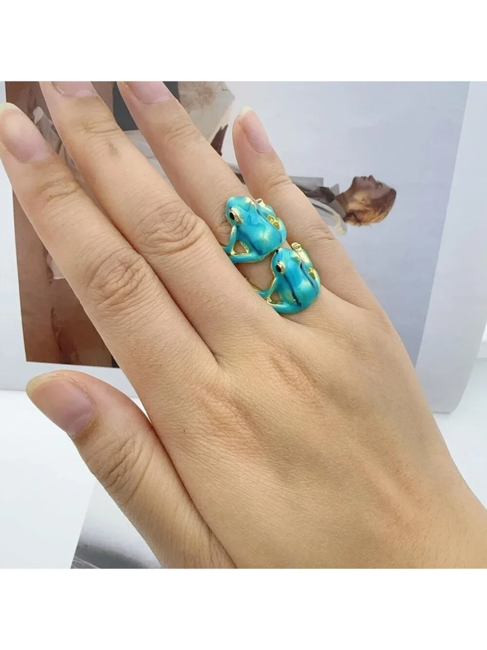 Women Blue Vintage Punk Animal Jewelry Open Shaped Gift Delicate Tree Frog Ring